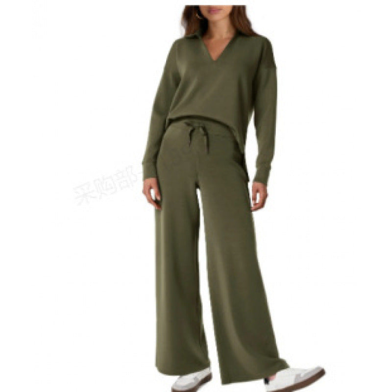 Women's Tracksuit Sports Suit V-neck Long-sleeved Pullover Top And Drawstring Straight-leg Trousers Casual Solid Trousers Set